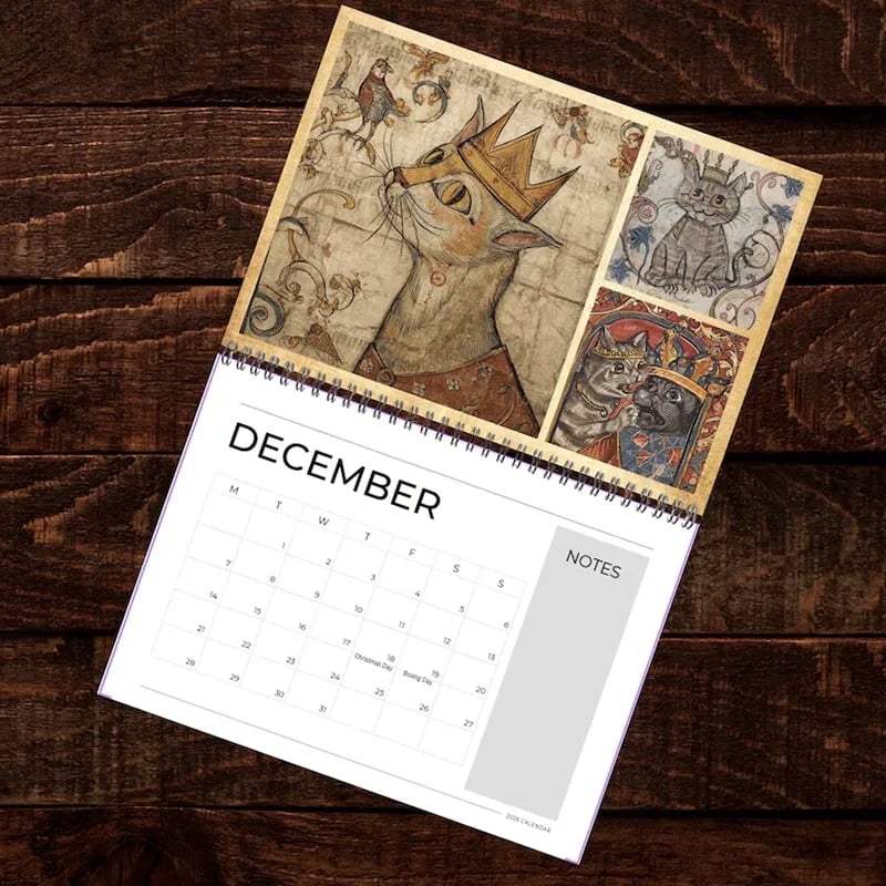 🔥Early Christmas Sale 50% OFF - 🐱🗓️Medieval Cats with Crowns Calendar 2026 (♻️Free PDF Included!)