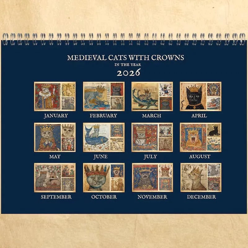 🔥Early Christmas Sale 50% OFF - 🐱🗓️Medieval Cats with Crowns Calendar 2026 (♻️Free PDF Included!)